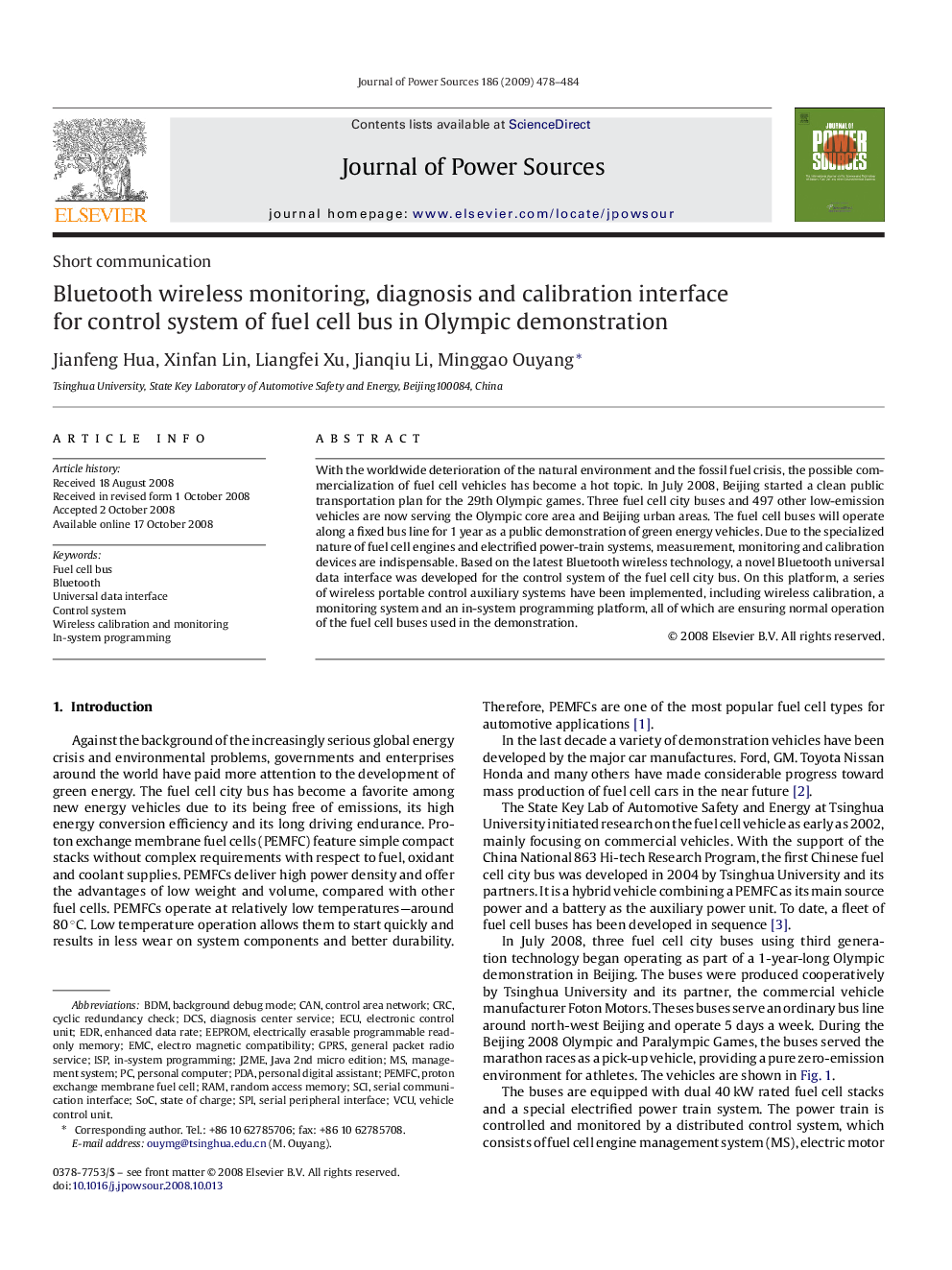 Bluetooth wireless monitoring, diagnosis and calibration interface for control system of fuel cell bus in Olympic demonstration