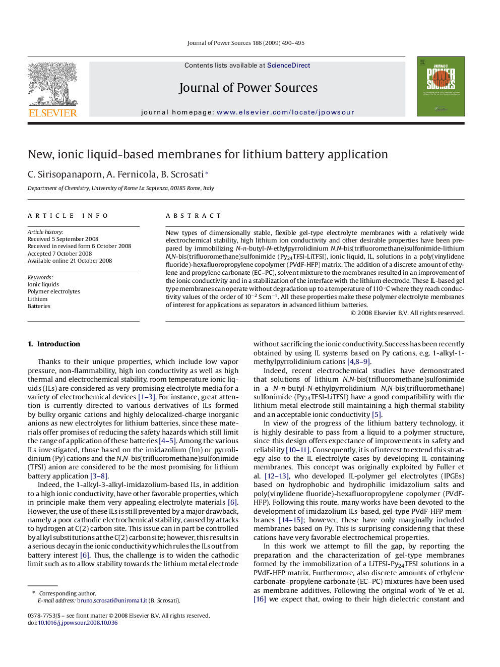 عکس صفحه اول مقاله: New, ionic liquid-based membranes for lithium battery application New, ionic liquid-based membranes for lithium battery application