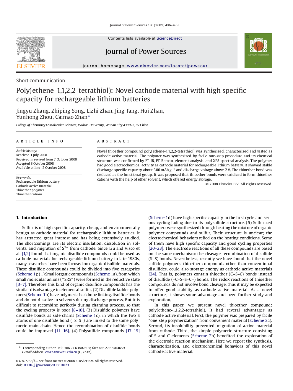 Poly(ethene-1,1,2,2-tetrathiol): Novel cathode material with high specific capacity for rechargeable lithium batteries