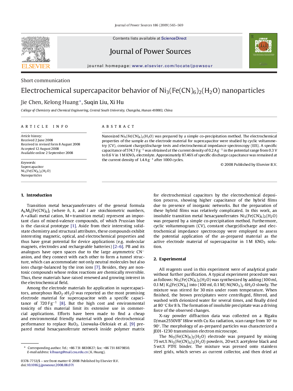 Electrochemical supercapacitor behavior of Ni3(Fe(CN)6)2(H2O) nanoparticles