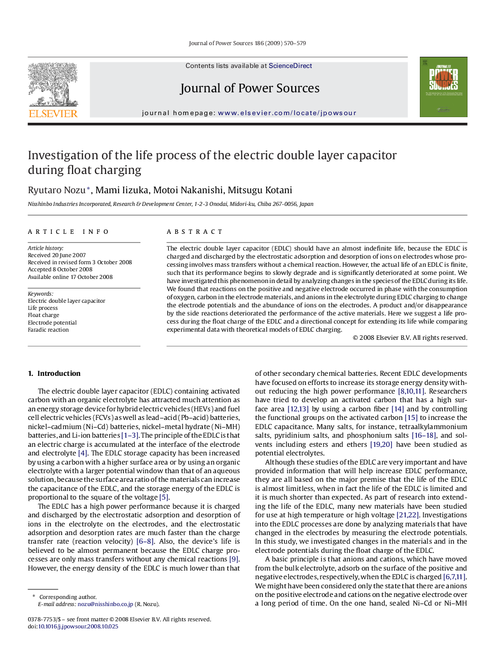 Investigation of the life process of the electric double layer capacitor during float charging