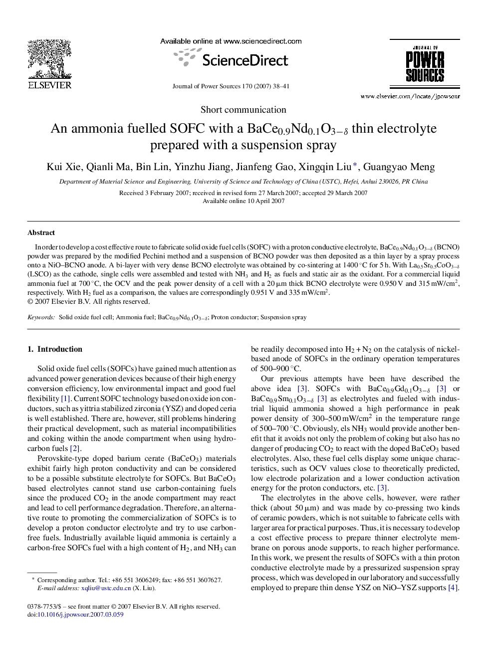 An ammonia fuelled SOFC with a BaCe0.9Nd0.1O3−δ thin electrolyte prepared with a suspension spray