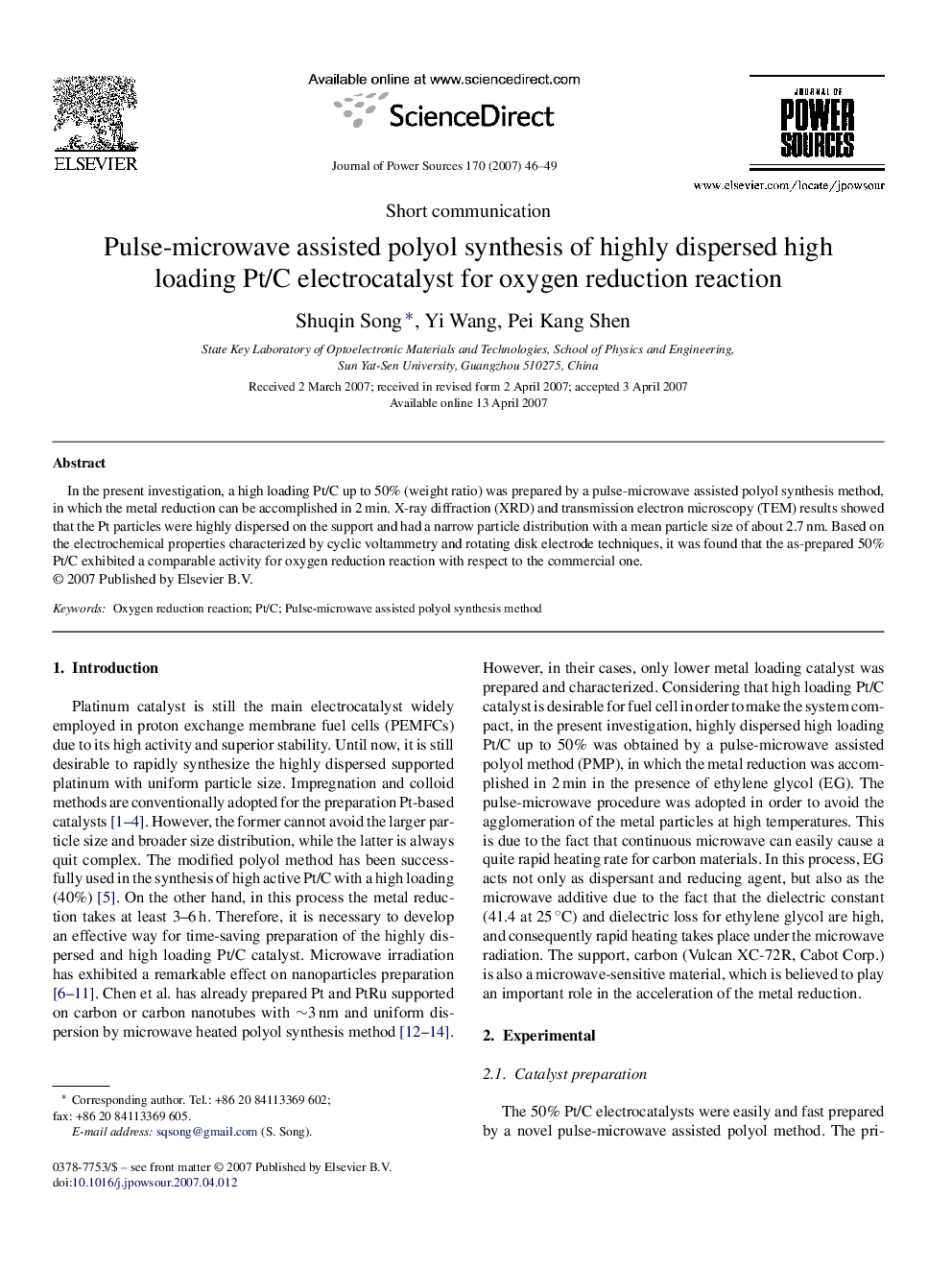 Pulse-microwave assisted polyol synthesis of highly dispersed high loading Pt/C electrocatalyst for oxygen reduction reaction