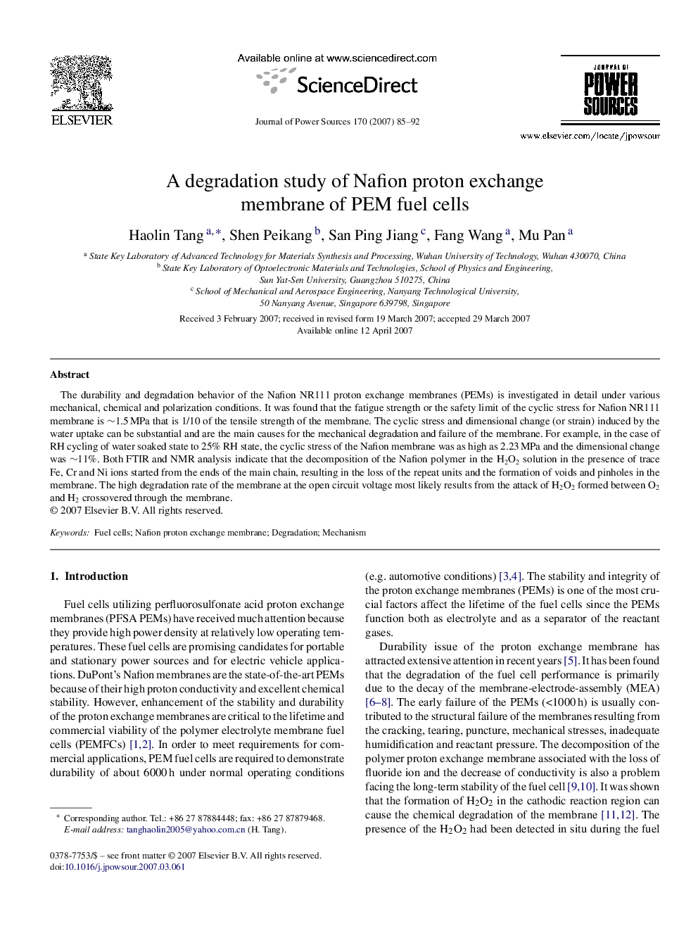 A degradation study of Nafion proton exchange membrane of PEM fuel cells