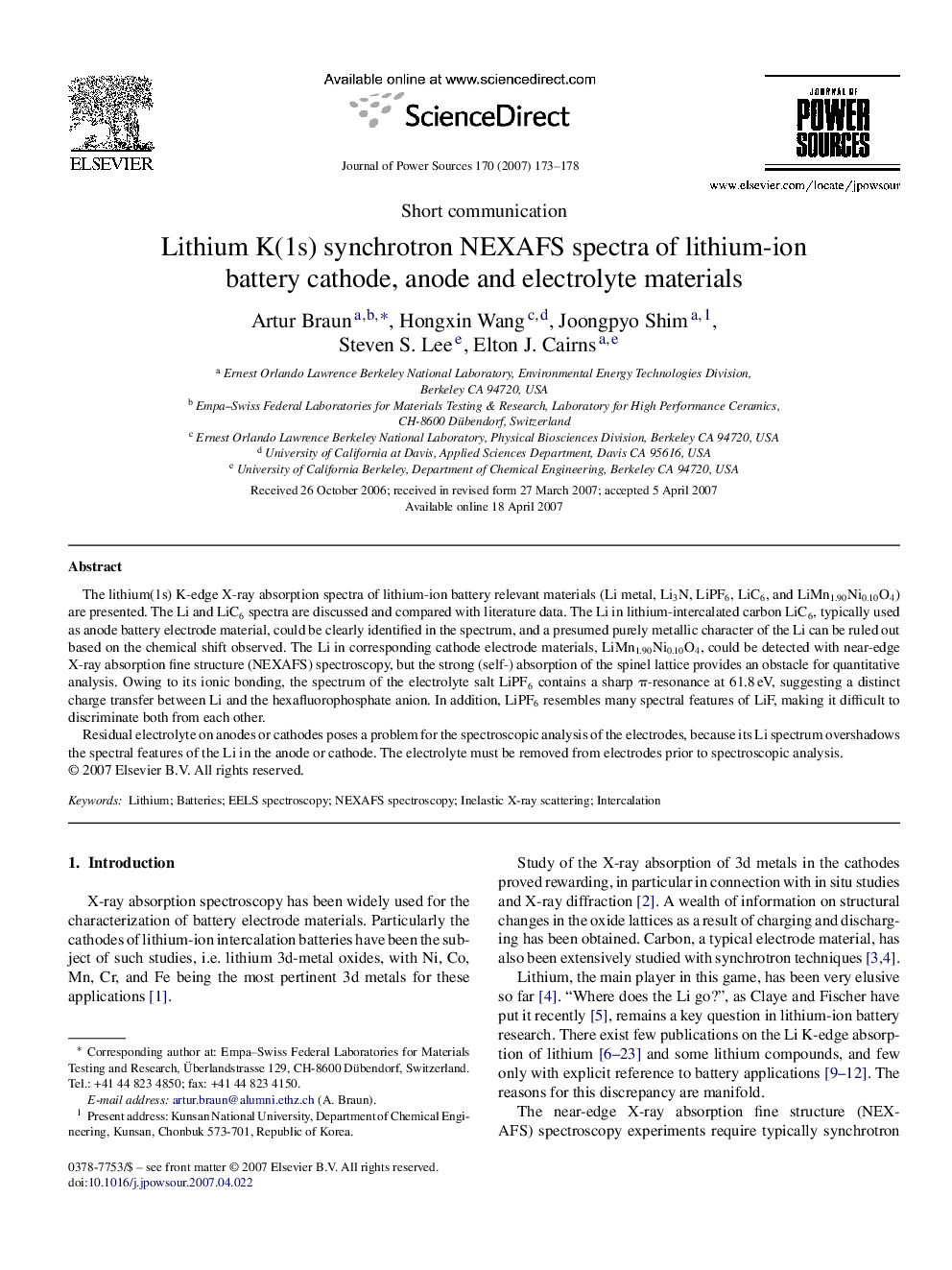 Lithium K(1s) synchrotron NEXAFS spectra of lithium-ion battery cathode, anode and electrolyte materials