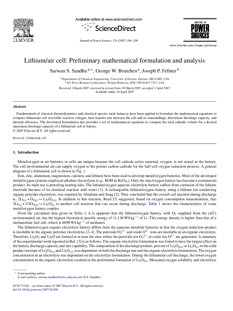 Lithium/air cell: Preliminary mathematical formulation and analysis