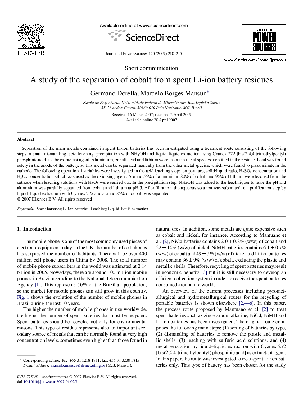 A study of the separation of cobalt from spent Li-ion battery residues