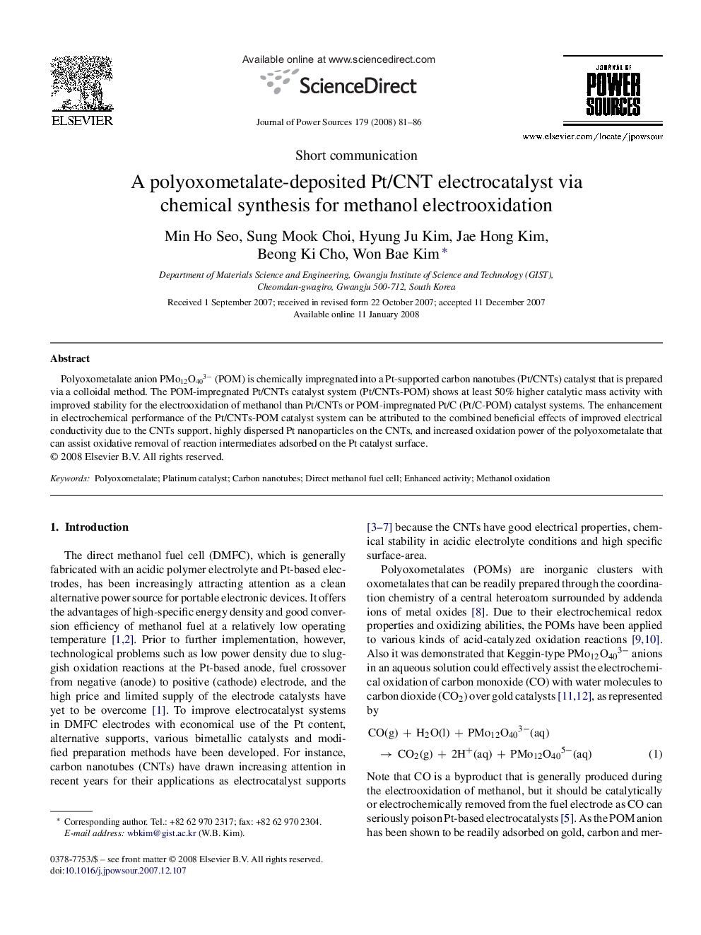 A polyoxometalate-deposited Pt/CNT electrocatalyst via chemical synthesis for methanol electrooxidation