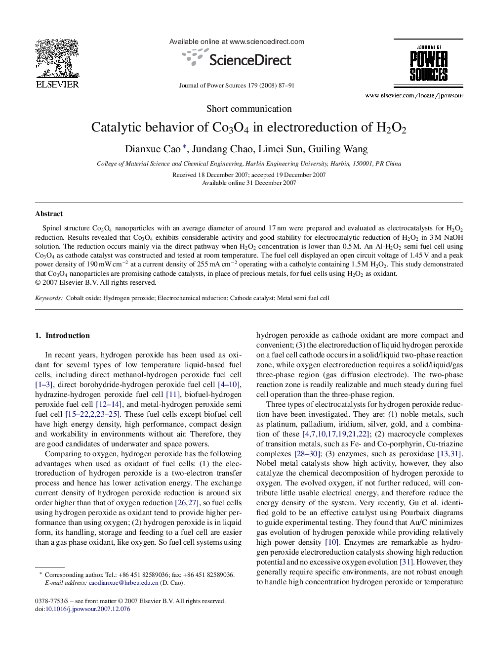 Catalytic behavior of Co3O4 in electroreduction of H2O2