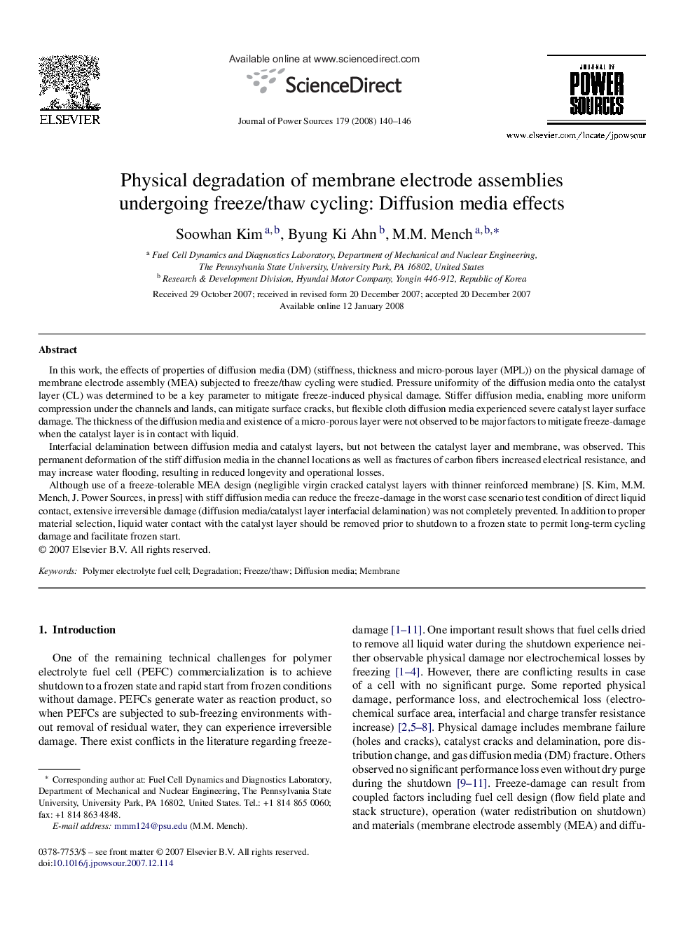 Physical degradation of membrane electrode assemblies undergoing freeze/thaw cycling: Diffusion media effects