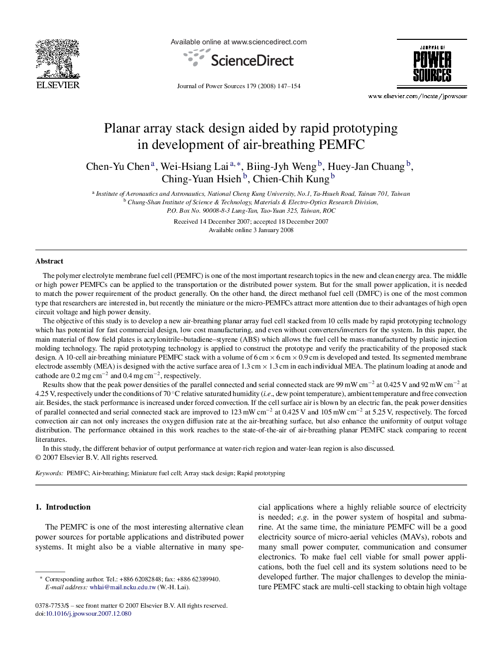 Planar array stack design aided by rapid prototyping in development of air-breathing PEMFC