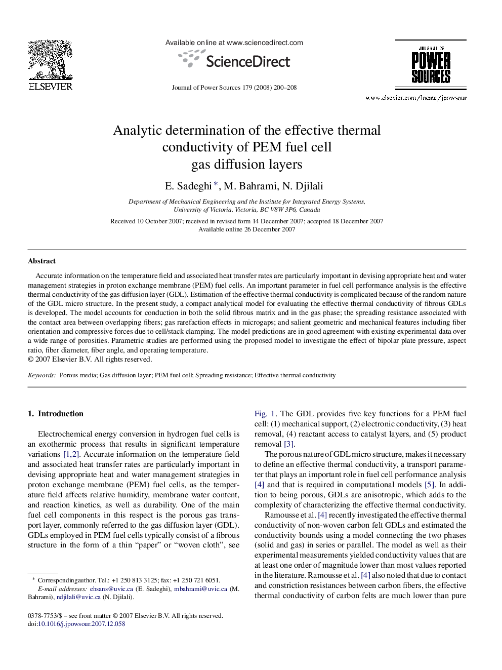 Analytic determination of the effective thermal conductivity of PEM fuel cell gas diffusion layers