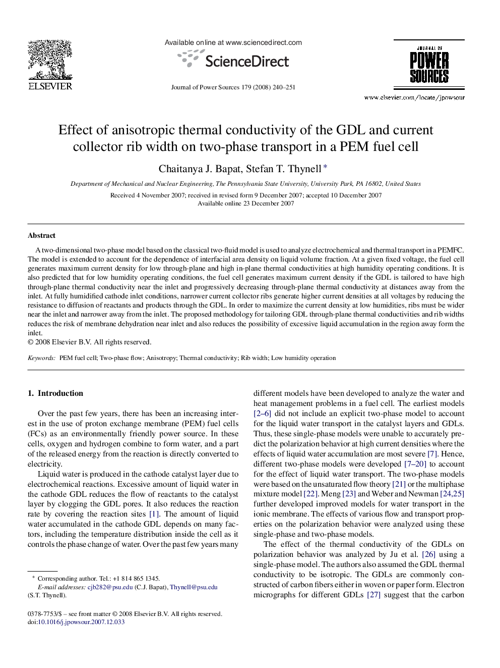 Effect of anisotropic thermal conductivity of the GDL and current collector rib width on two-phase transport in a PEM fuel cell