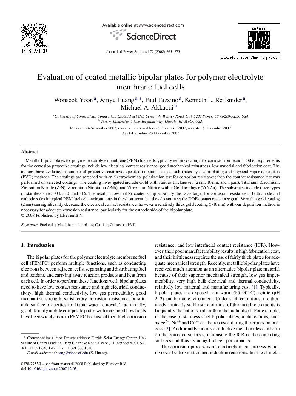 Evaluation of coated metallic bipolar plates for polymer electrolyte membrane fuel cells