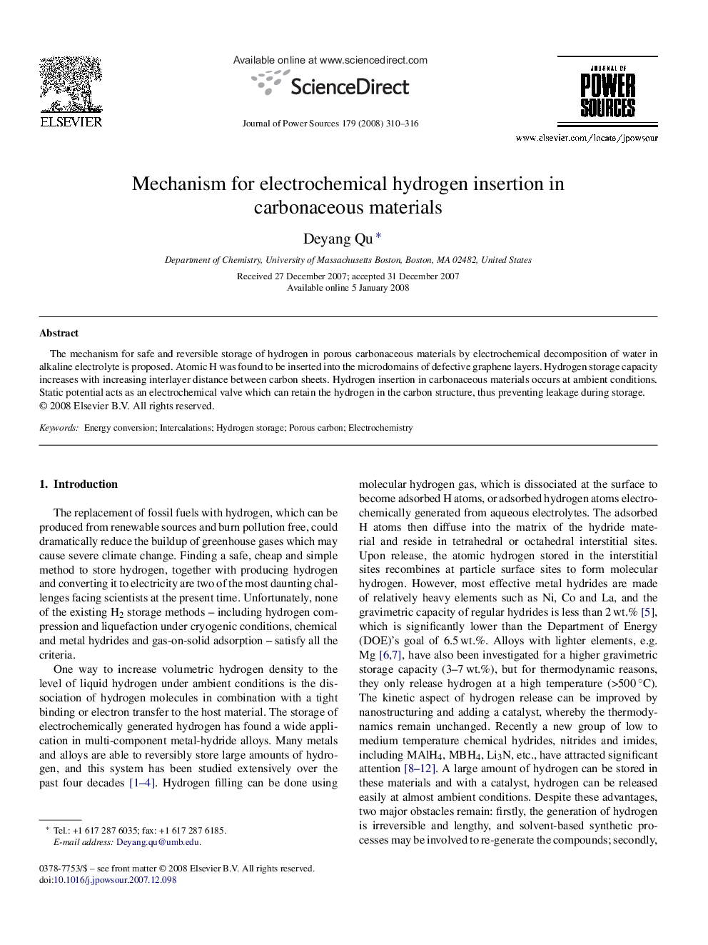 Mechanism for electrochemical hydrogen insertion in carbonaceous materials