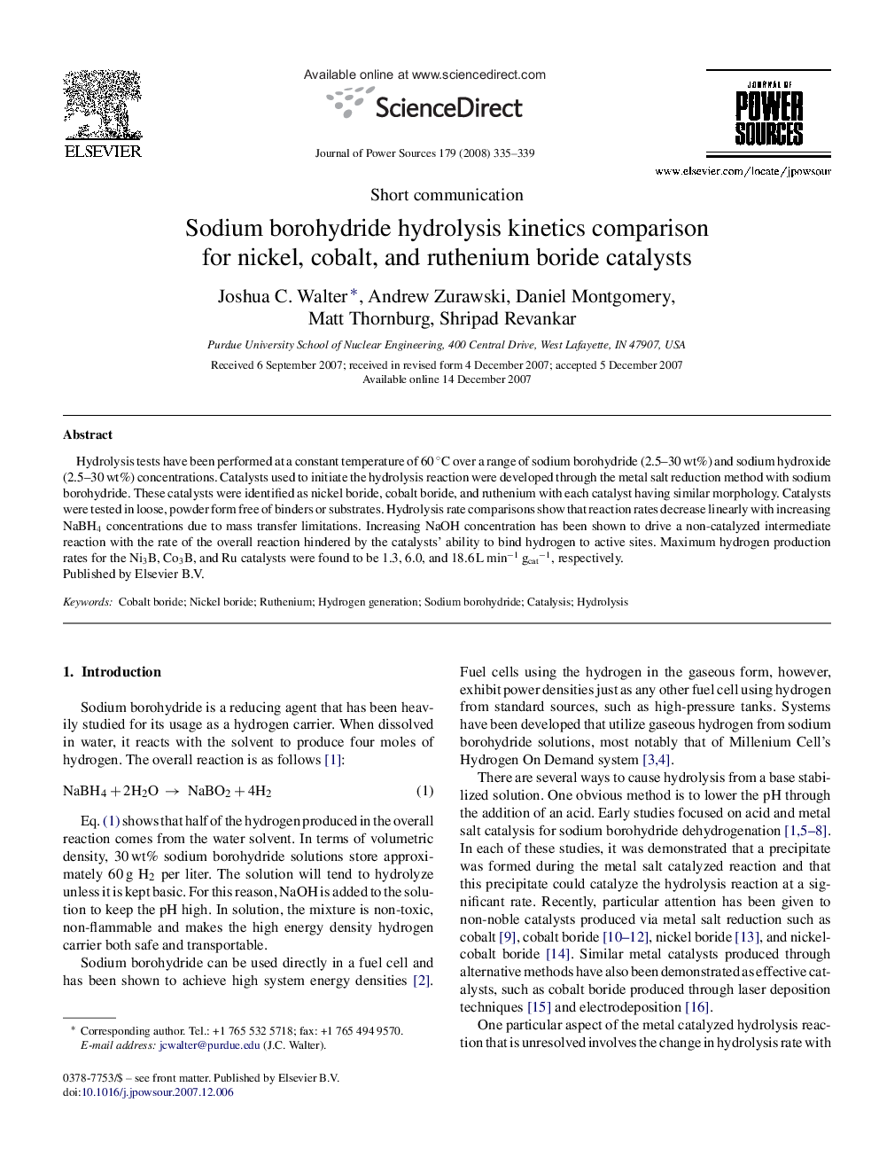 Sodium borohydride hydrolysis kinetics comparison for nickel, cobalt, and ruthenium boride catalysts
