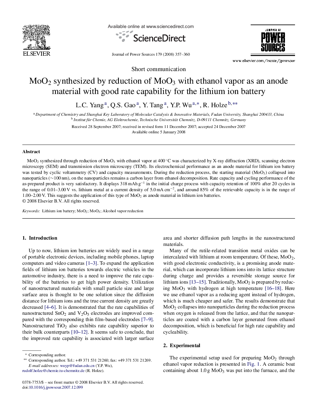 MoO2 synthesized by reduction of MoO3 with ethanol vapor as an anode material with good rate capability for the lithium ion battery