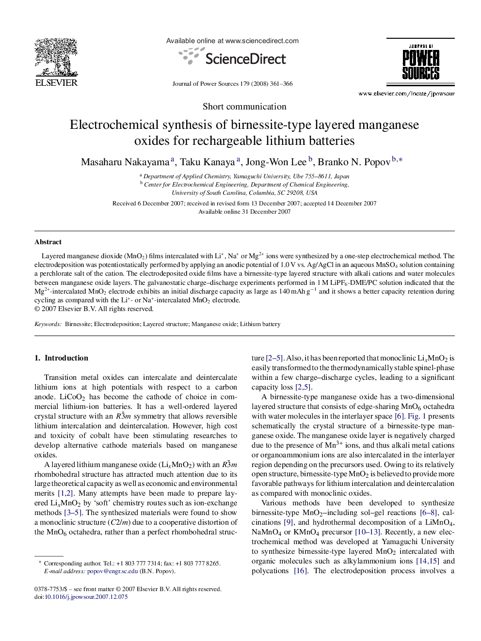 عکس صفحه اول مقاله: Electrochemical synthesis of birnessite-type layered manganese oxides for rechargeable lithium batteries Electrochemical synthesis of birnessite-type layered manganese oxides for rechargeable lithium batteries
