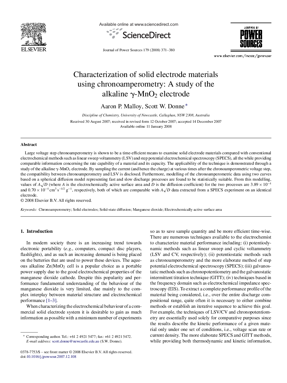 Characterization of solid electrode materials using chronoamperometry: A study of the alkaline γ-MnO2 electrode