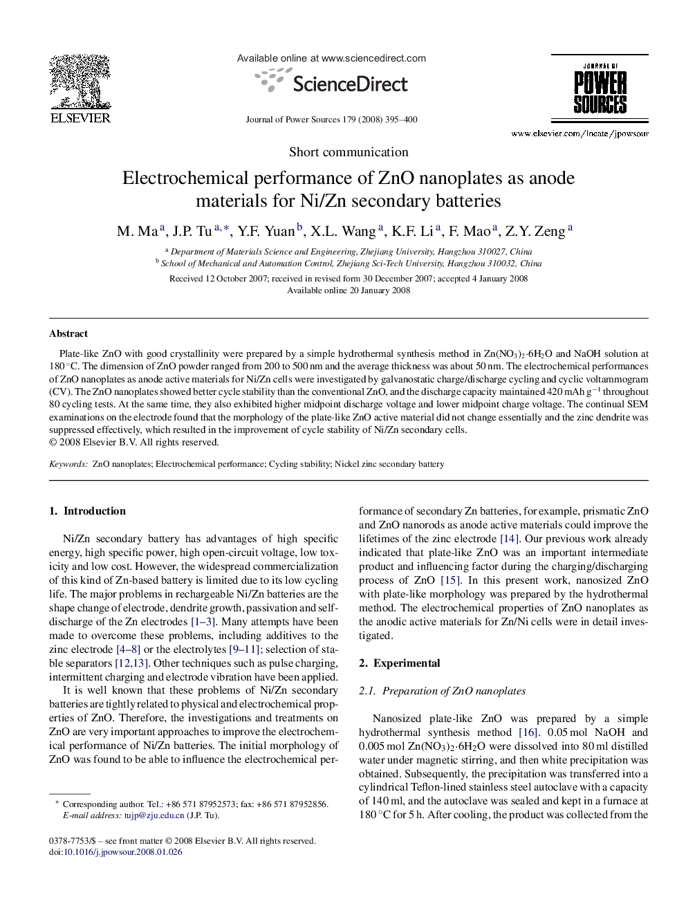 Electrochemical performance of ZnO nanoplates as anode materials for Ni/Zn secondary batteries