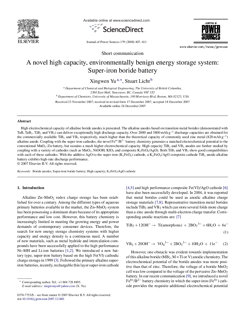 A novel high capacity, environmentally benign energy storage system: Super-iron boride battery