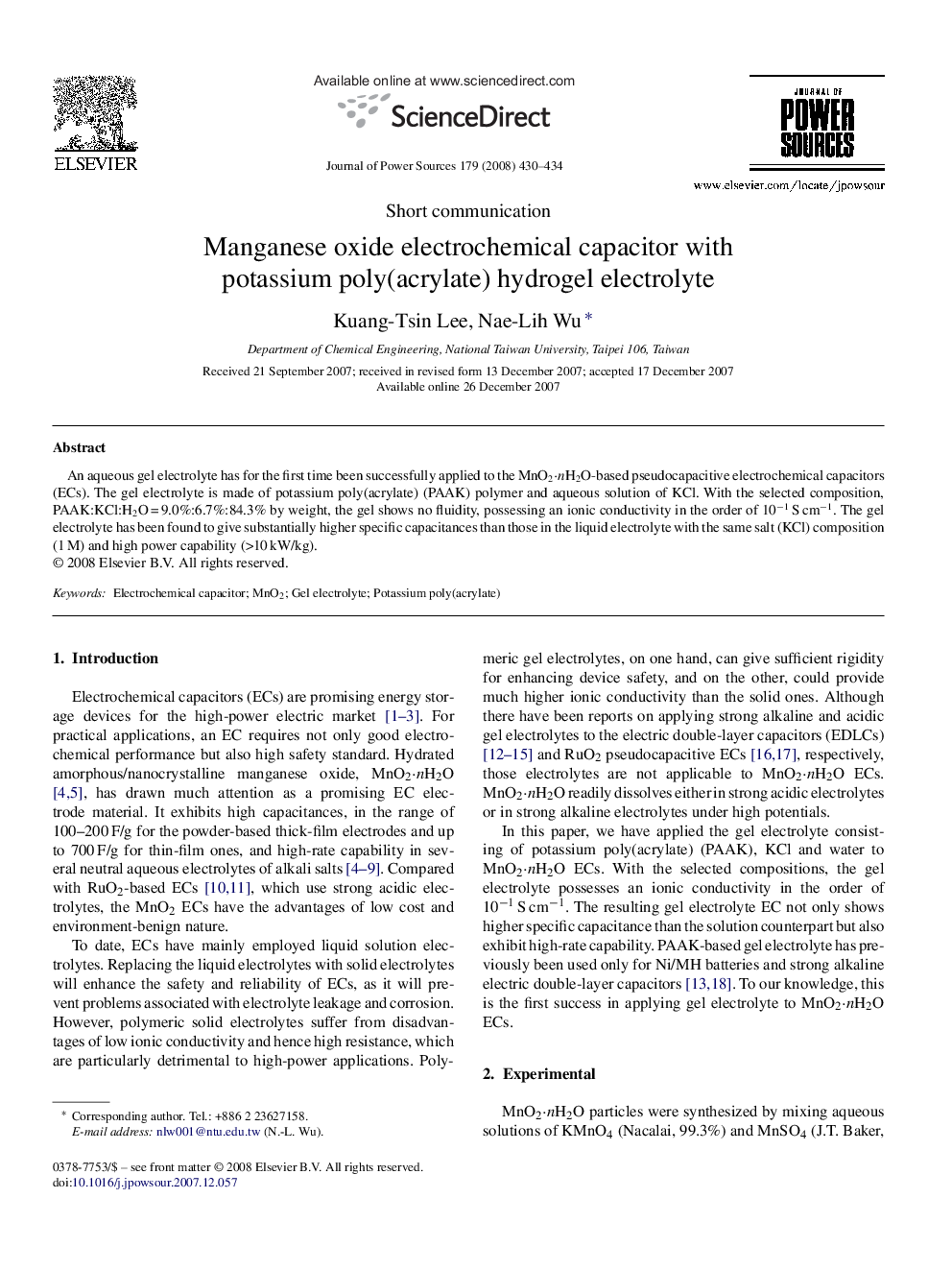 Manganese oxide electrochemical capacitor with potassium poly(acrylate) hydrogel electrolyte