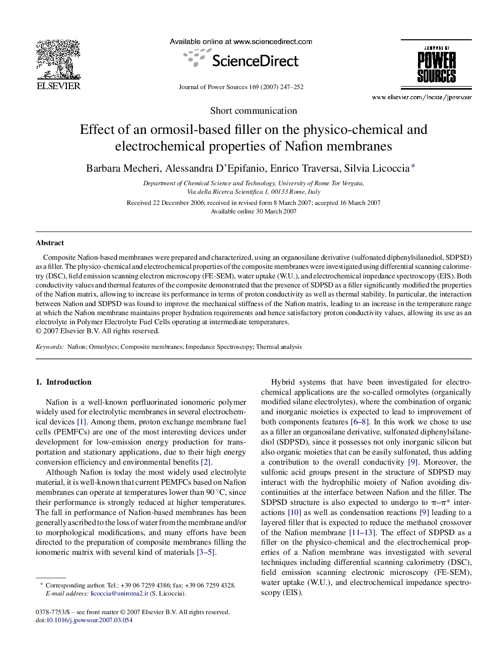 Effect of an ormosil-based filler on the physico-chemical and electrochemical properties of Nafion membranes