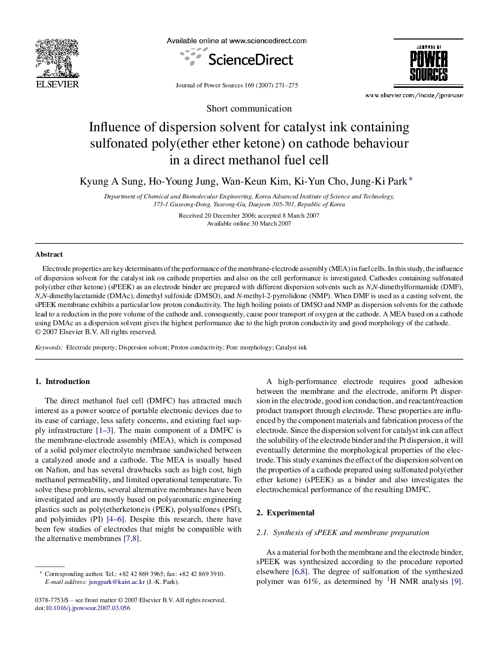 Influence of dispersion solvent for catalyst ink containing sulfonated poly(ether ether ketone) on cathode behaviour in a direct methanol fuel cell