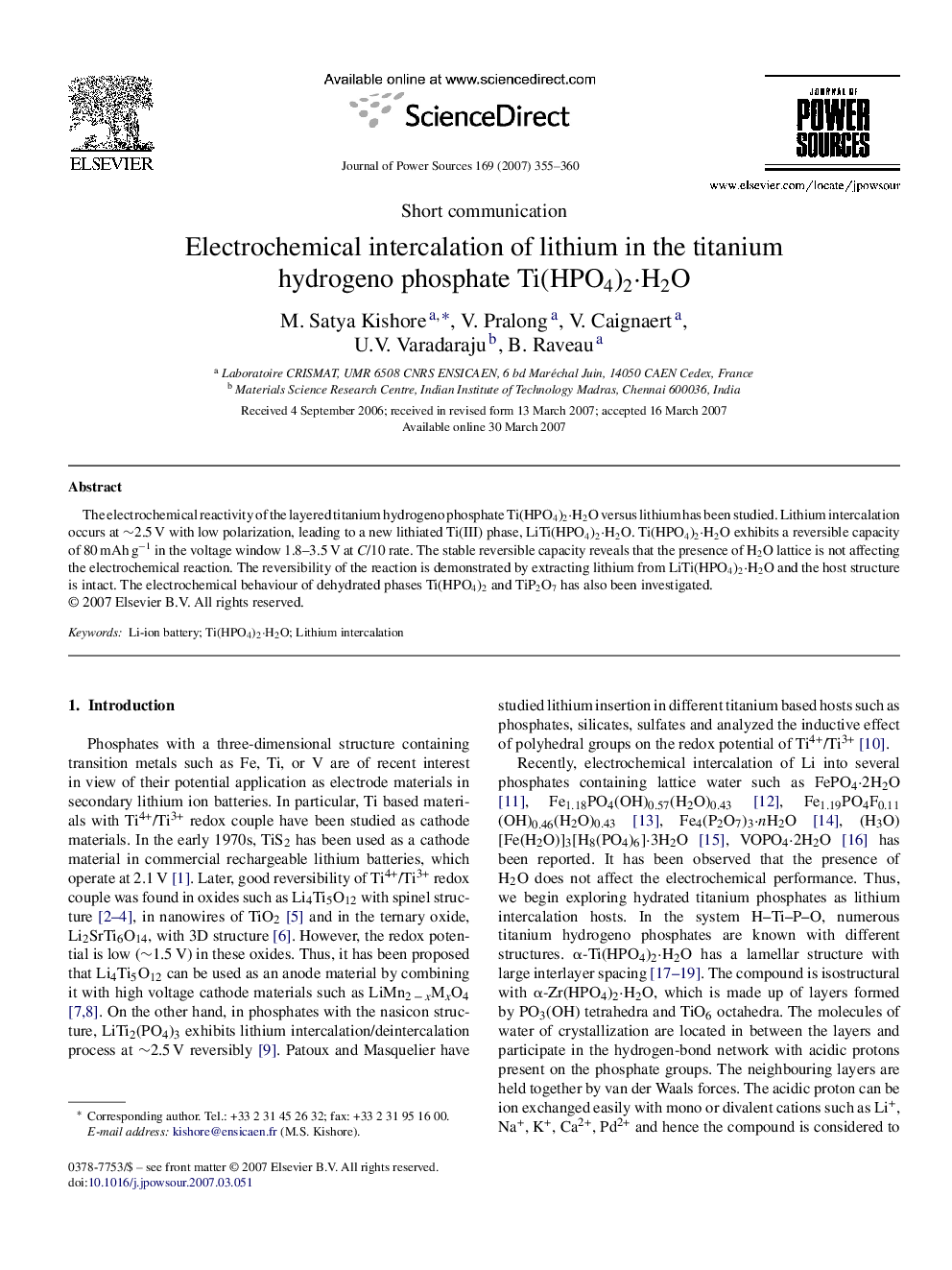 Electrochemical intercalation of lithium in the titanium hydrogeno phosphate Ti(HPO4)2·H2O