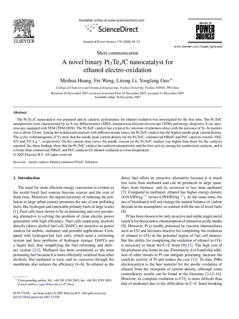 A novel binary Pt3Tex/C nanocatalyst for ethanol electro-oxidation