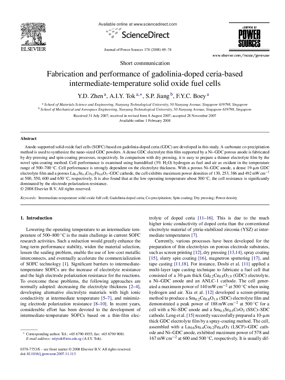 Fabrication and performance of gadolinia-doped ceria-based intermediate-temperature solid oxide fuel cells