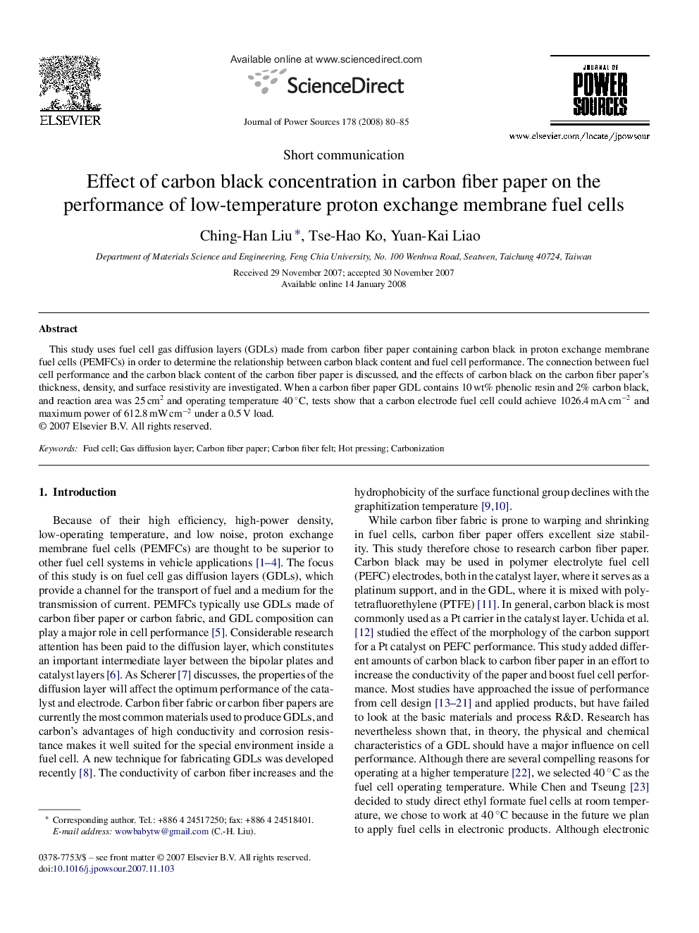 Effect of carbon black concentration in carbon fiber paper on the performance of low-temperature proton exchange membrane fuel cells