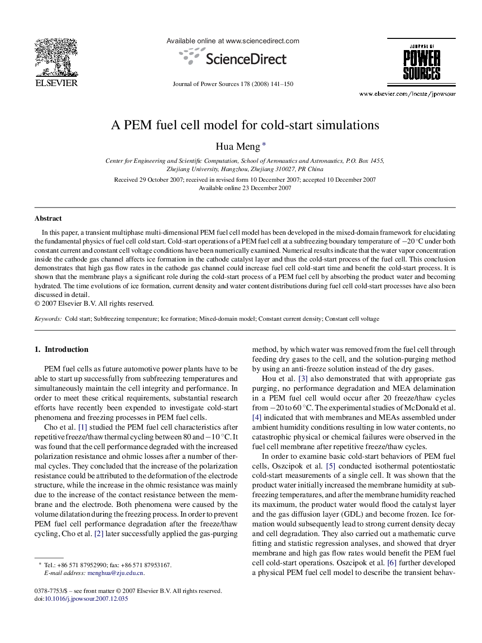 A PEM fuel cell model for cold-start simulations