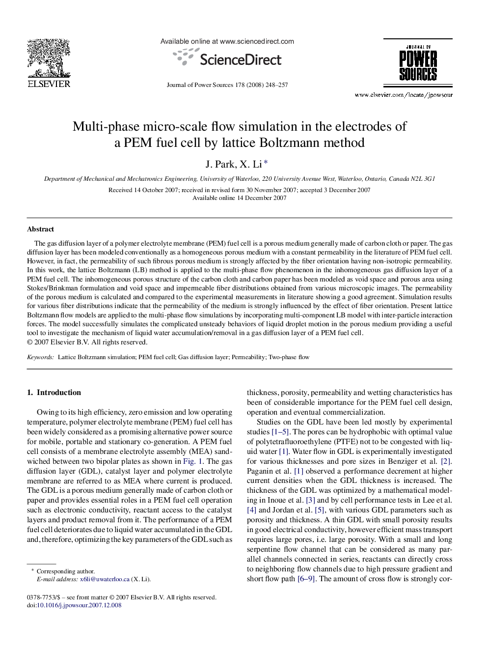 Multi-phase micro-scale flow simulation in the electrodes of a PEM fuel cell by lattice Boltzmann method