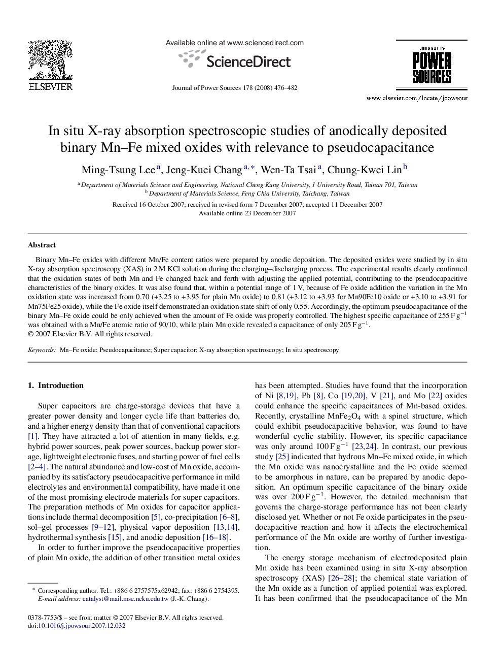 In situ X-ray absorption spectroscopic studies of anodically deposited binary Mn–Fe mixed oxides with relevance to pseudocapacitance