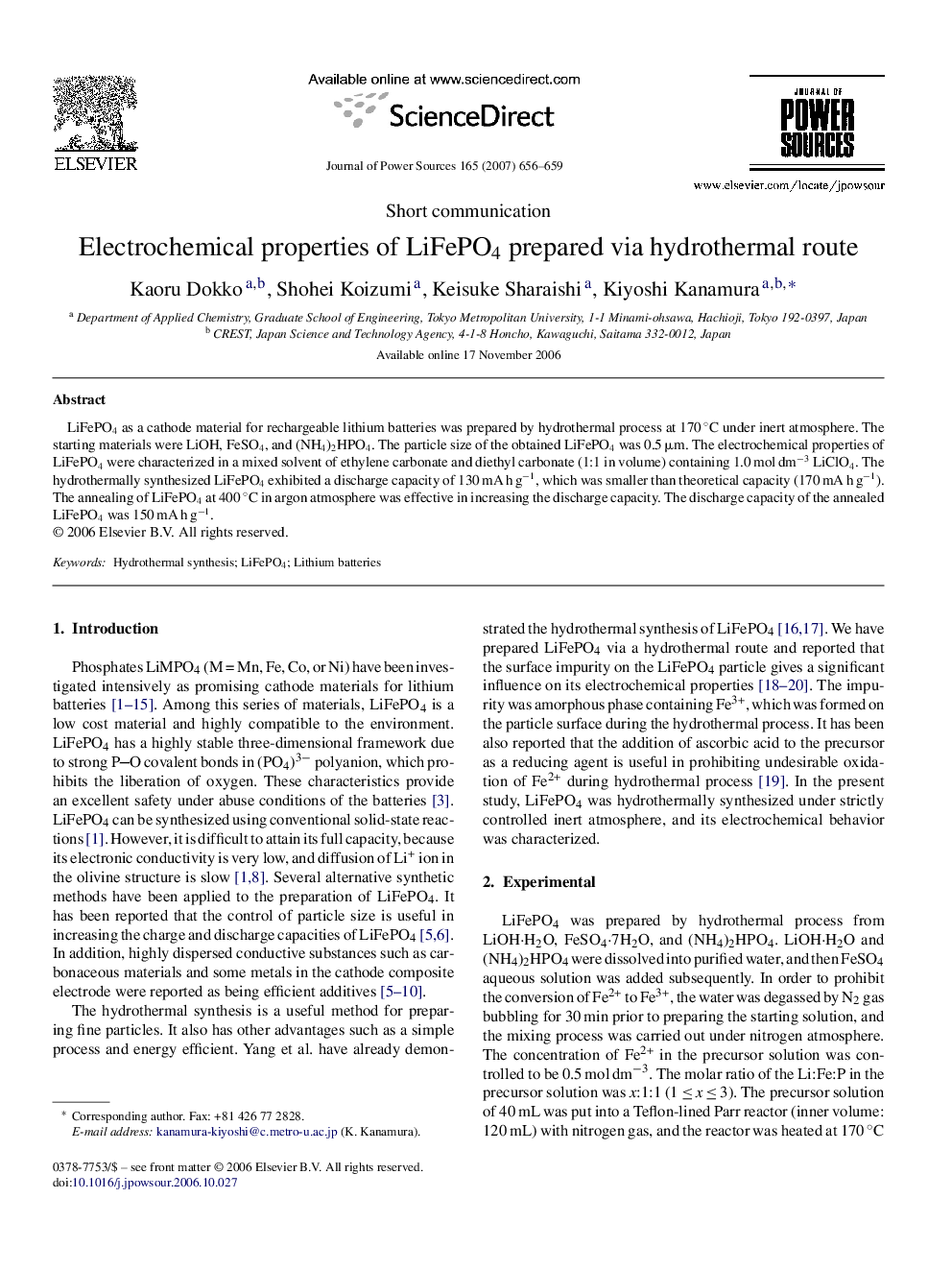 Electrochemical properties of LiFePO4 prepared via hydrothermal route