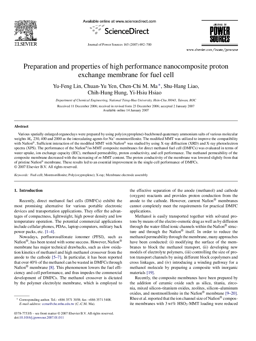 Preparation and properties of high performance nanocomposite proton exchange membrane for fuel cell