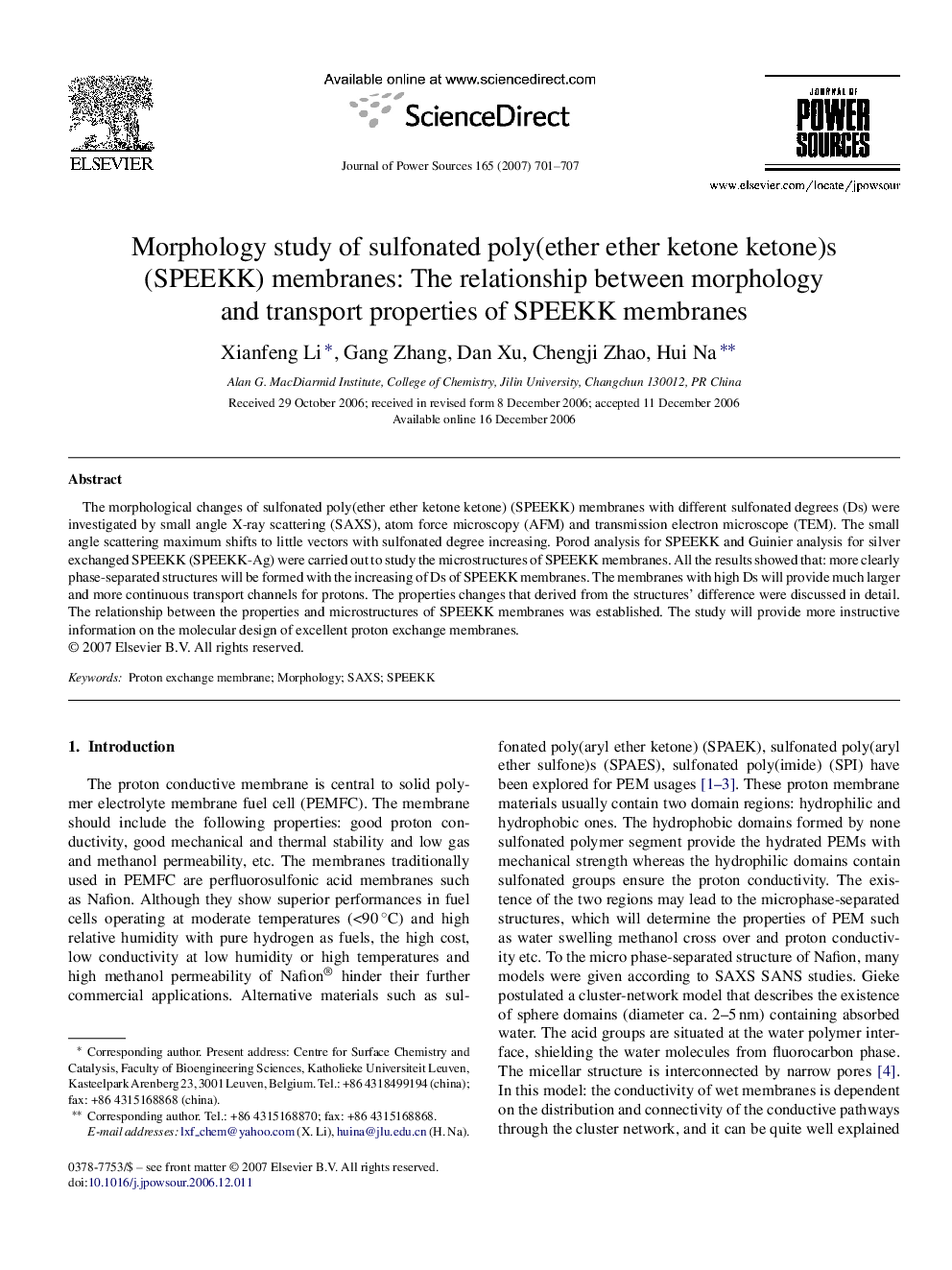 Morphology study of sulfonated poly(ether ether ketone ketone)s (SPEEKK) membranes: The relationship between morphology and transport properties of SPEEKK membranes