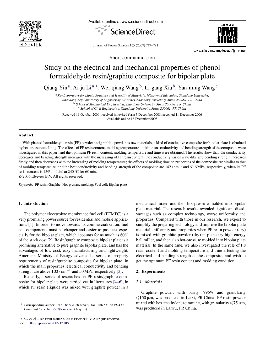 Study on the electrical and mechanical properties of phenol formaldehyde resin/graphite composite for bipolar plate