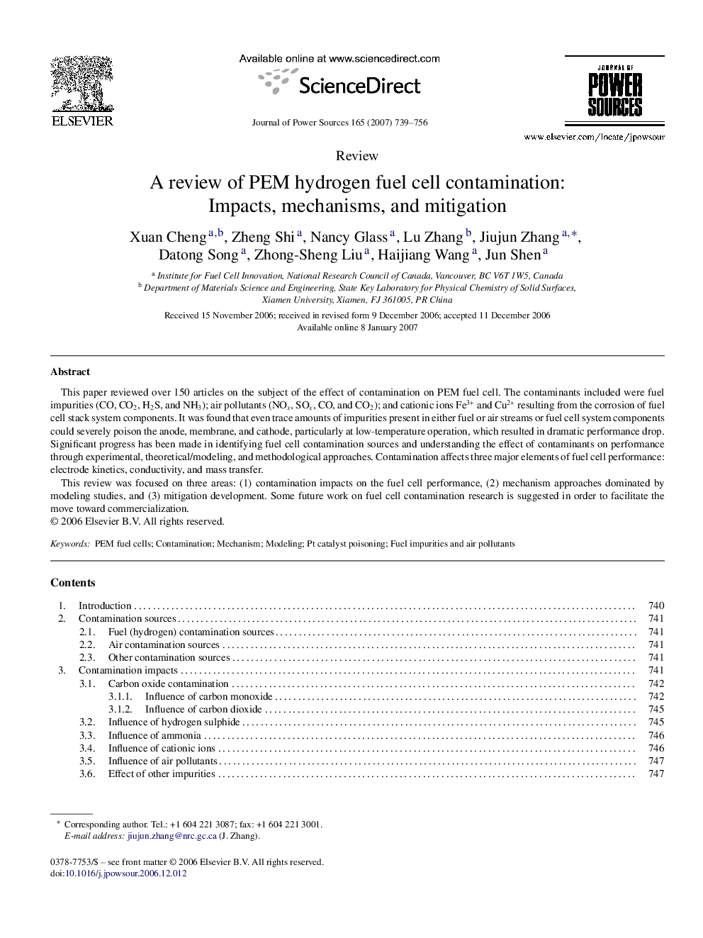 A review of PEM hydrogen fuel cell contamination: Impacts, mechanisms, and mitigation