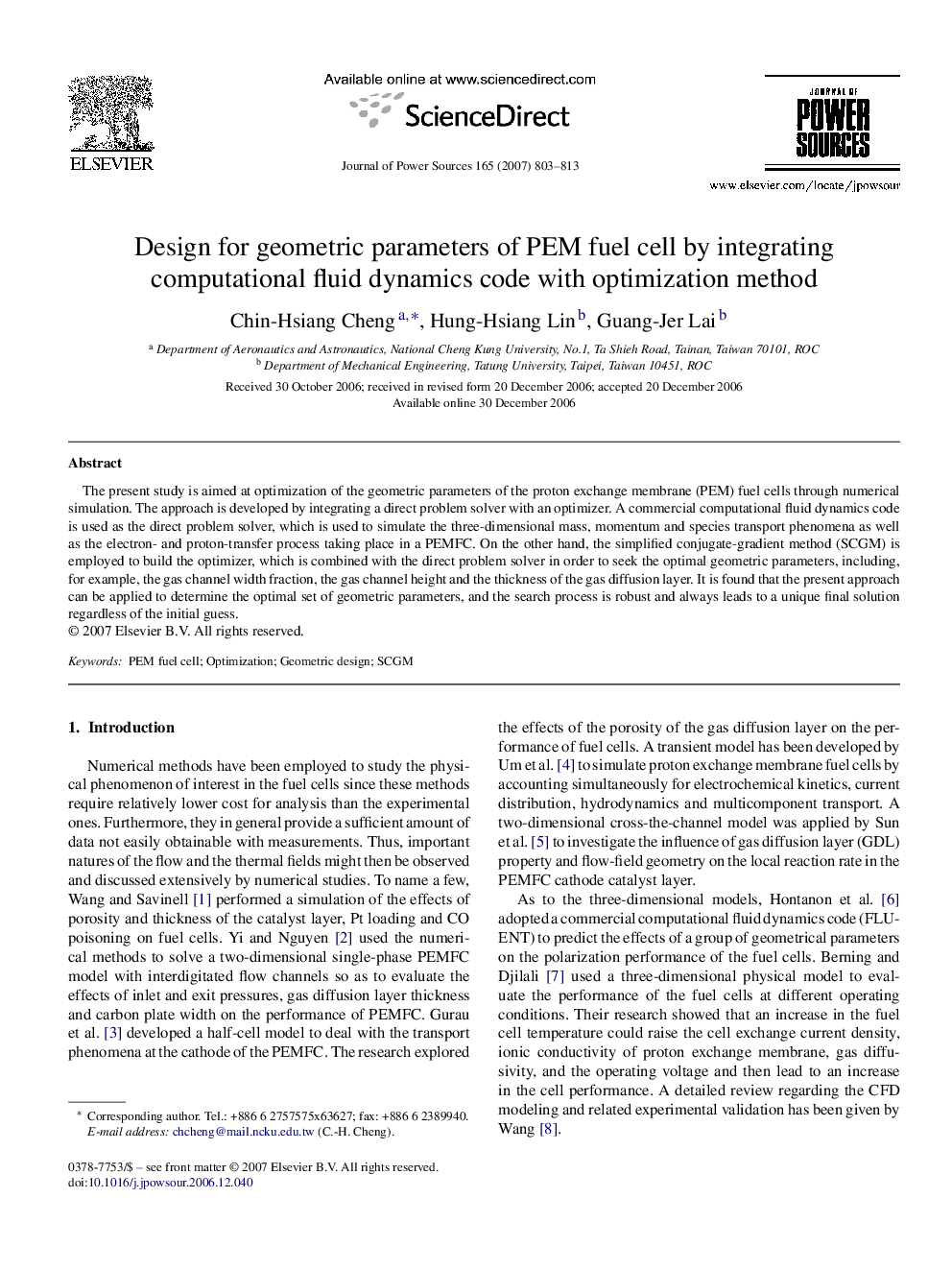 Design for geometric parameters of PEM fuel cell by integrating computational fluid dynamics code with optimization method