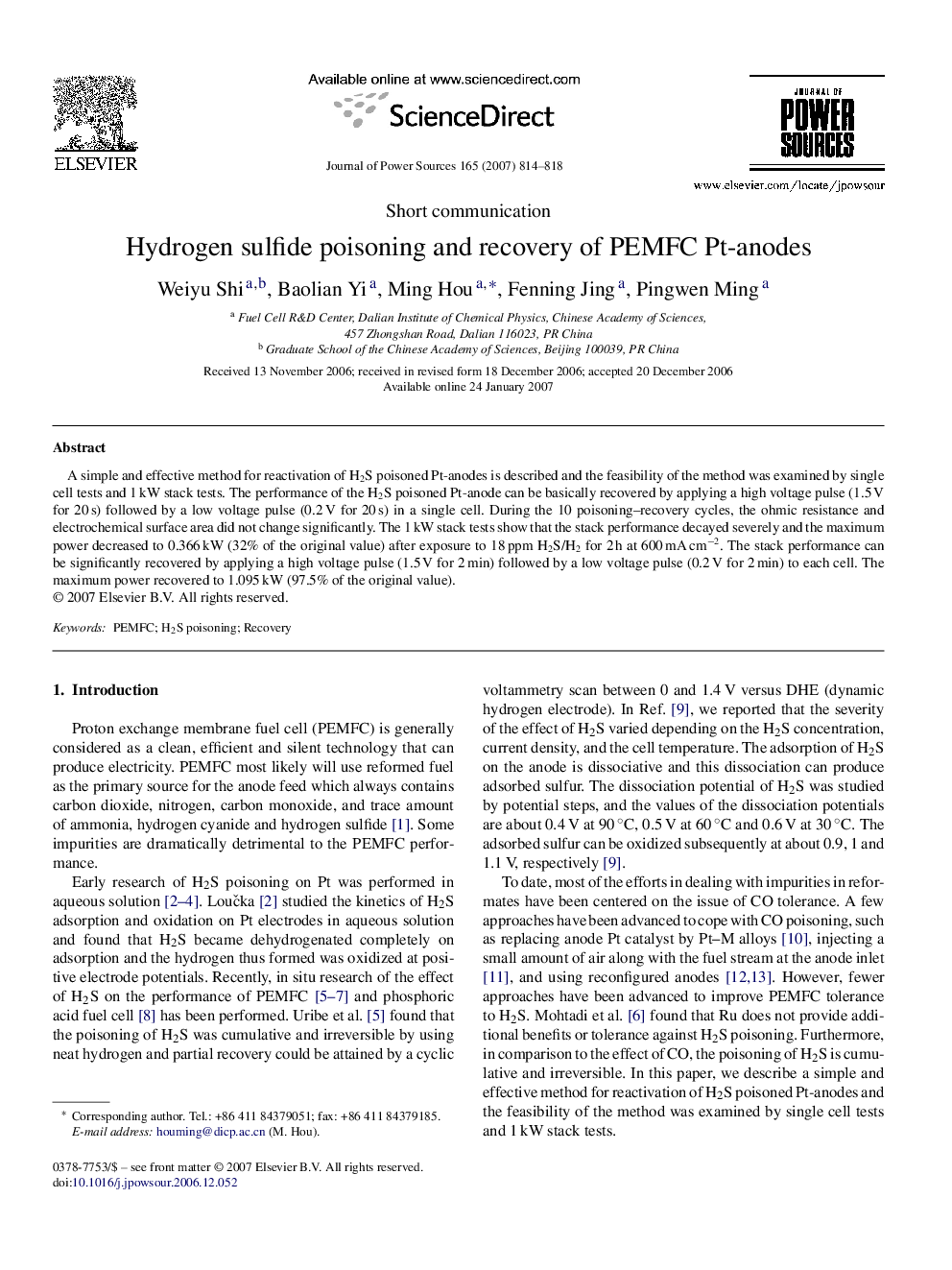 Hydrogen sulfide poisoning and recovery of PEMFC Pt-anodes