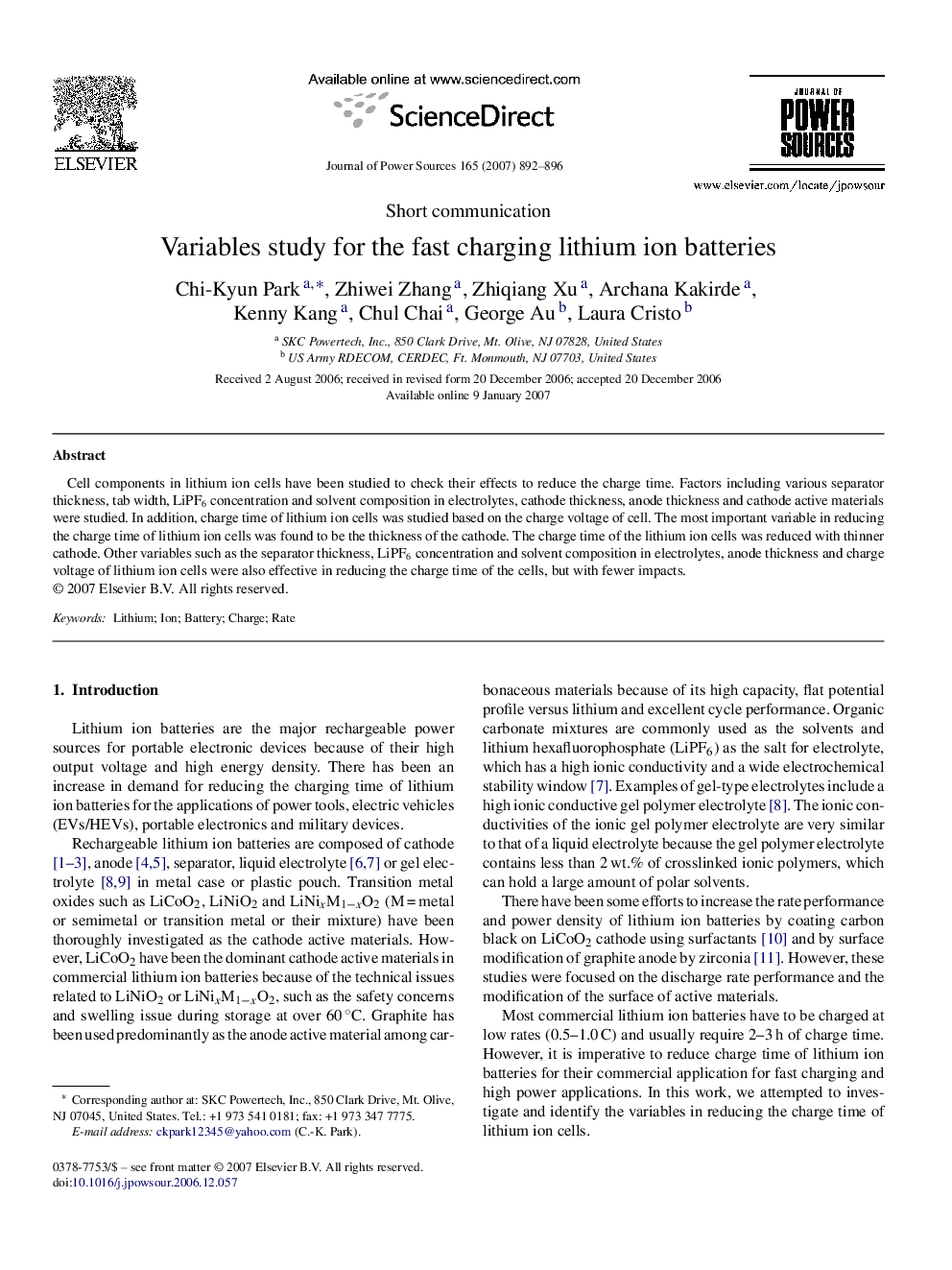 Variables study for the fast charging lithium ion batteries