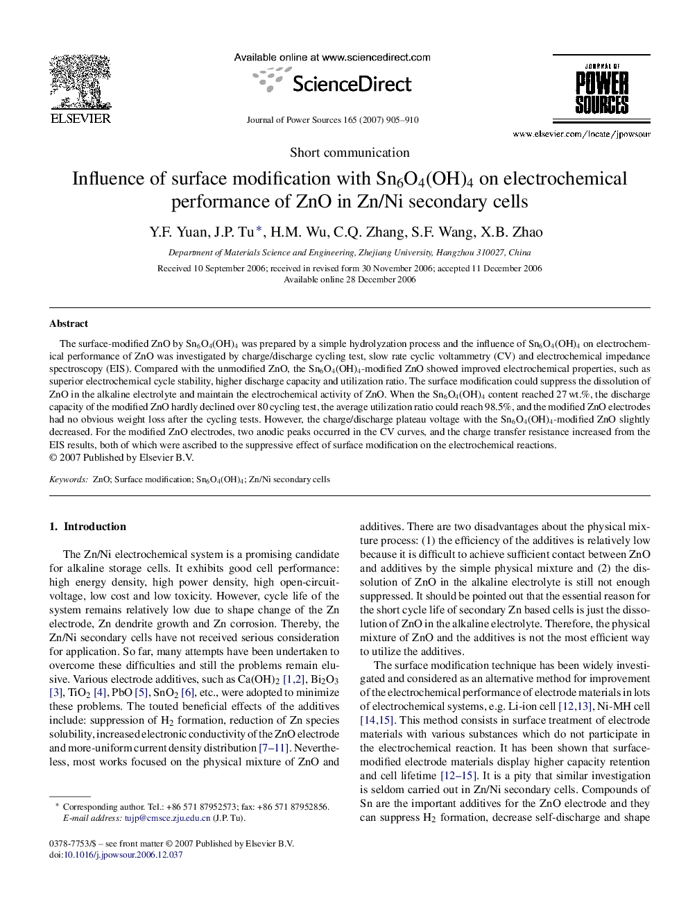 Influence of surface modification with Sn6O4(OH)4 on electrochemical performance of ZnO in Zn/Ni secondary cells