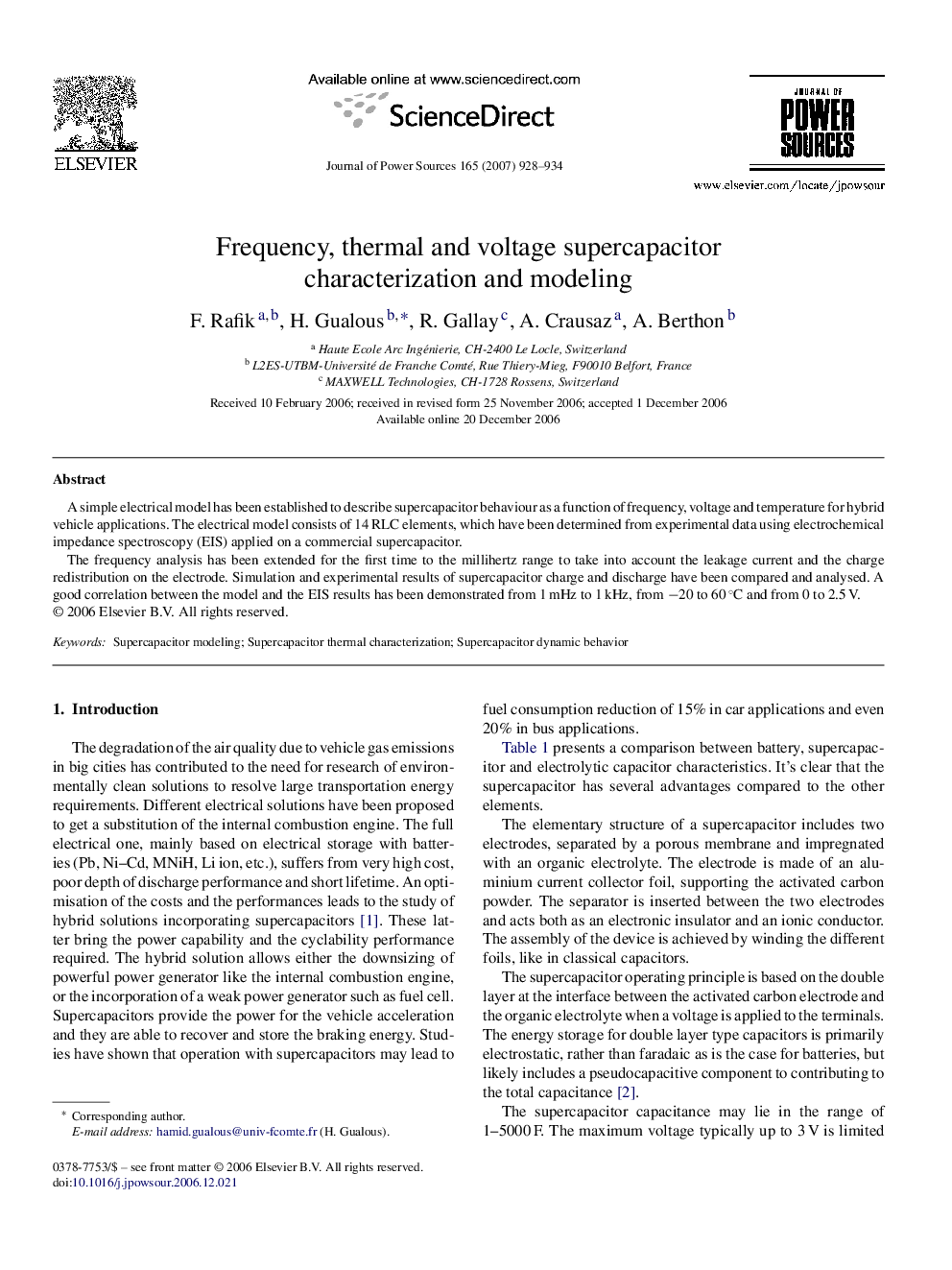 Frequency, thermal and voltage supercapacitor characterization and modeling