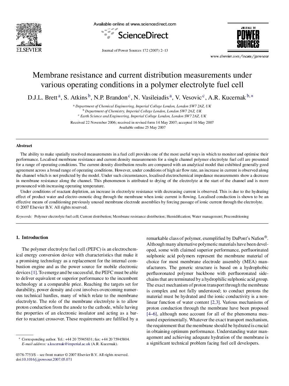 Membrane resistance and current distribution measurements under various operating conditions in a polymer electrolyte fuel cell