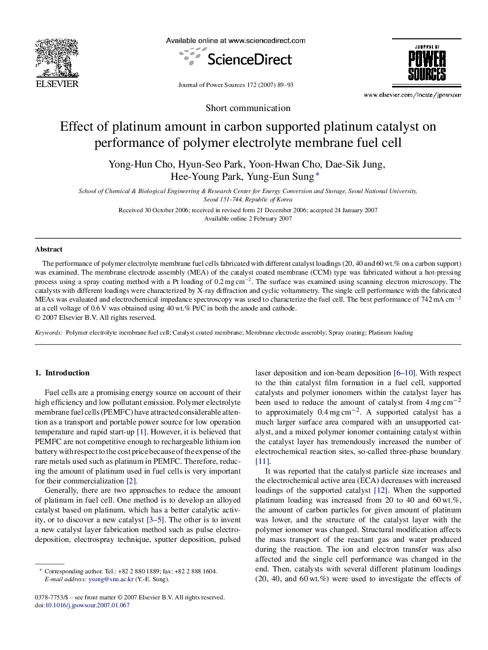 عکس صفحه اول مقاله: Effect of platinum amount in carbon supported platinum catalyst on performance of polymer electrolyte membrane fuel cell Effect of platinum amount in carbon supported platinum catalyst on performance of polymer electrolyte membrane fuel cell