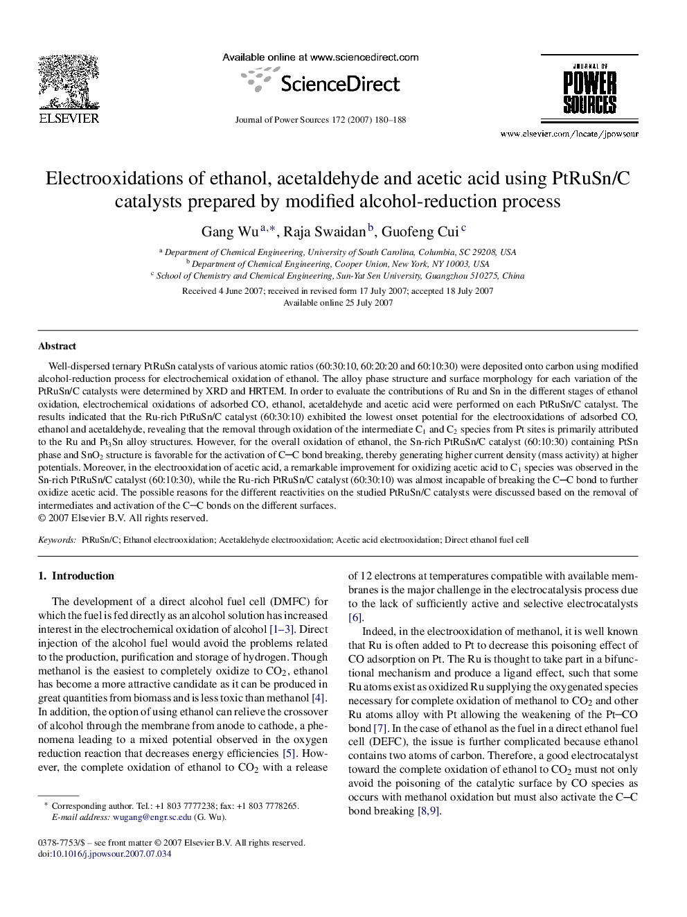 Electrooxidations of ethanol, acetaldehyde and acetic acid using PtRuSn/C catalysts prepared by modified alcohol-reduction process