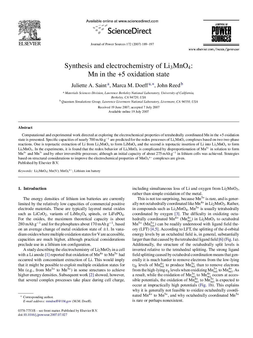 Synthesis and electrochemistry of Li3MnO4: Mn in the +5 oxidation state