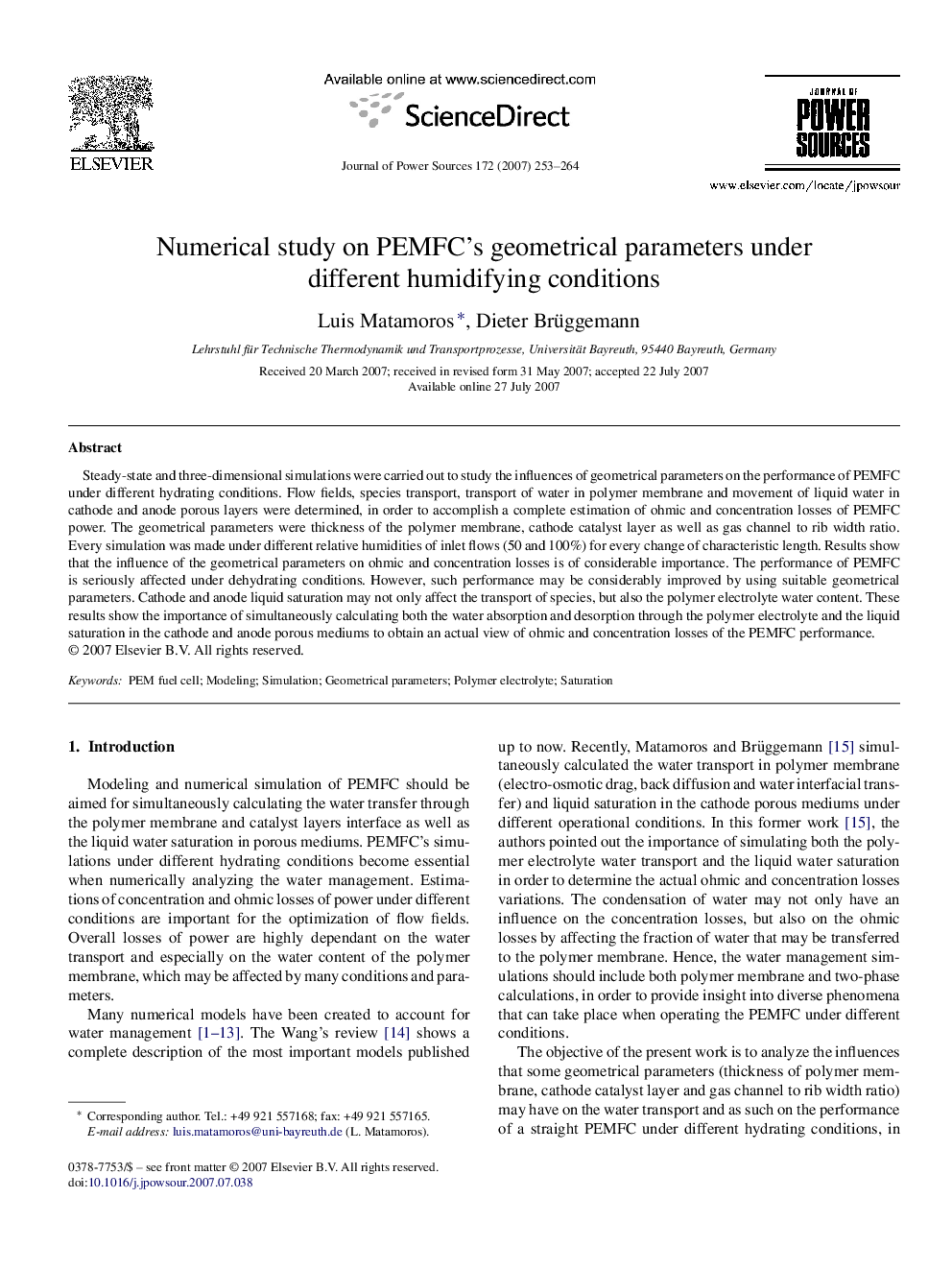 Numerical study on PEMFC's geometrical parameters under different humidifying conditions